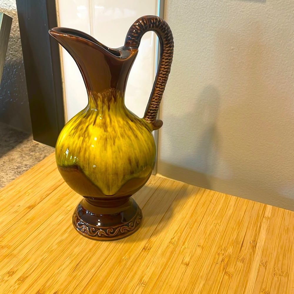 Vintage Mid Century Modern Brown & Yellow Glazed Jug Pitcher Vase MCM 70’s Japan
